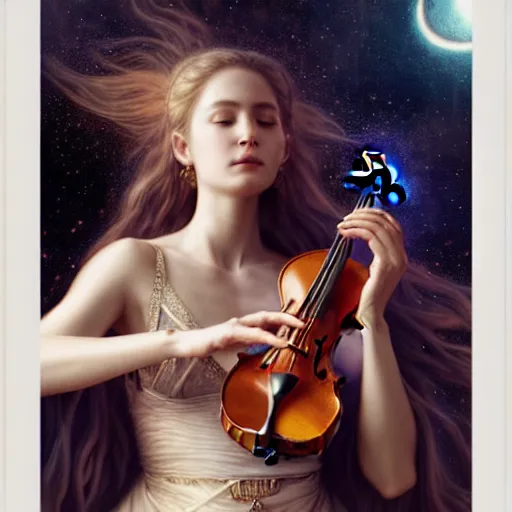 Prompt: a high quality life like portrait of a very very beautiful! celestial goddess of life playing a mystical geared violin and springing life into the universe, highly detailed, intricate, sharp focus, fantasy, mystical, dreamlike, by WLOP and greg rutkowski