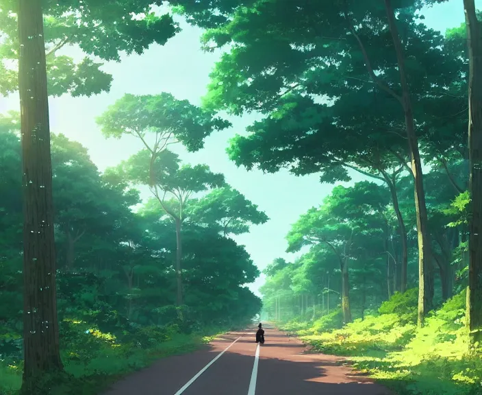 Prompt: A highway built in a forest, peaceful and serene, incredible perspective, soft lighting, anime scenery by Makoto Shinkai and studio ghibli, very detailed