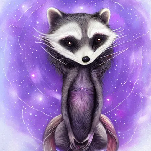 Prompt: purple raccoon in the stars in the style of Anna Dittman