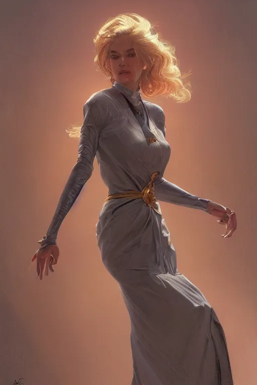 Image similar to a girl wearing a golden dress, grey hair, red necktie, cinematic, stunning, highly detailed, digital painting, artstation, smooth, hard focus, full body shot, illustration, art by artgerm and greg rutkowski and alphonse mucha