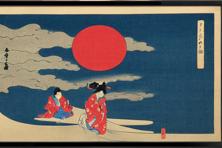 Prompt: ukiyo - e style, ghosts walking at night, clouds and mist, folding fan, wide angle, manzhu sand, hand - painted, granular sense, rich color, red tone, dry bones, beauty