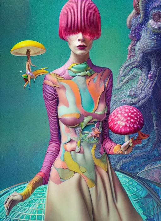 Image similar to pretty futuristic model with hallucination mushroom : : by martine johanna and simon stalenhag and chie yoshii and casey weldon and wlop : : ornate, dynamic, particulate, rich colors, intricate, elegant, highly detailed, vogue, harper's bazaar art, fashion magazine, smooth, sharp focus, 8 k, octane render,