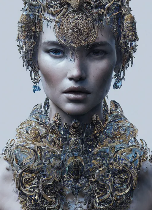 Image similar to sculpture made of water, portrait, future, shaman, harper's bazaar, vogue, magazine, insanely detailed and intricate, concept art, ornate, luxury, elite, elegant, trending on artstation, by ruan jia, by Kenneth Willardt, by ross tran, by WLOP, by Andrei Riabovitchev,