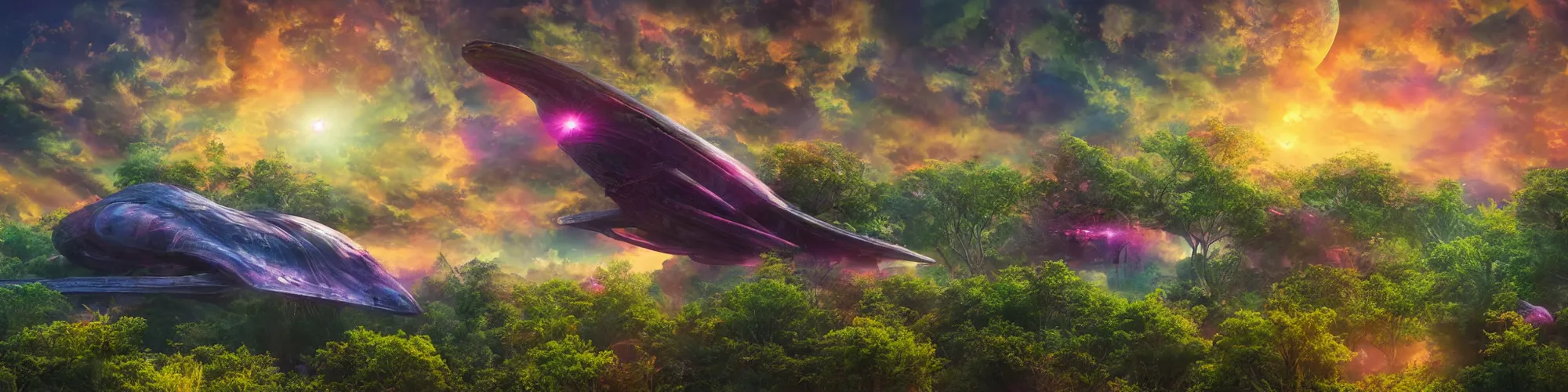 Prompt: giant starship in the sky, sunrise in alien planet, full of vegetation, colourful plants, trees, vibrant colours, beautiful matte painting, dreamy, high detail, hyperealistic, 2 0 0 mm lens, professional photo, sharp focus