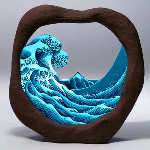 Image similar to claymation, 3 d clay sculpture of ocean waves, by nick park, aardman studios, made of clay, inspired by hokusai ’ s great wave