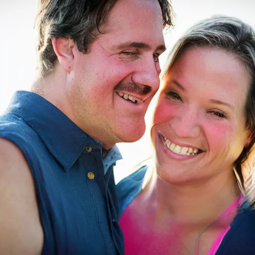 Image similar to a close up of a smiling couple of parents to be, 9 / 1 1 with pink smoke in the background