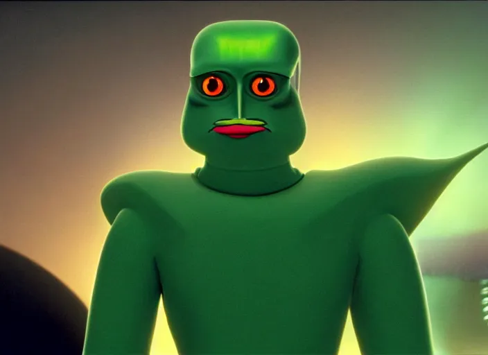 Prompt: film still of real life kif kroker, a light green skinned alien with almond shaped eyes and small lips dressed like zapp brannigan in the new scifi movie, 4 k