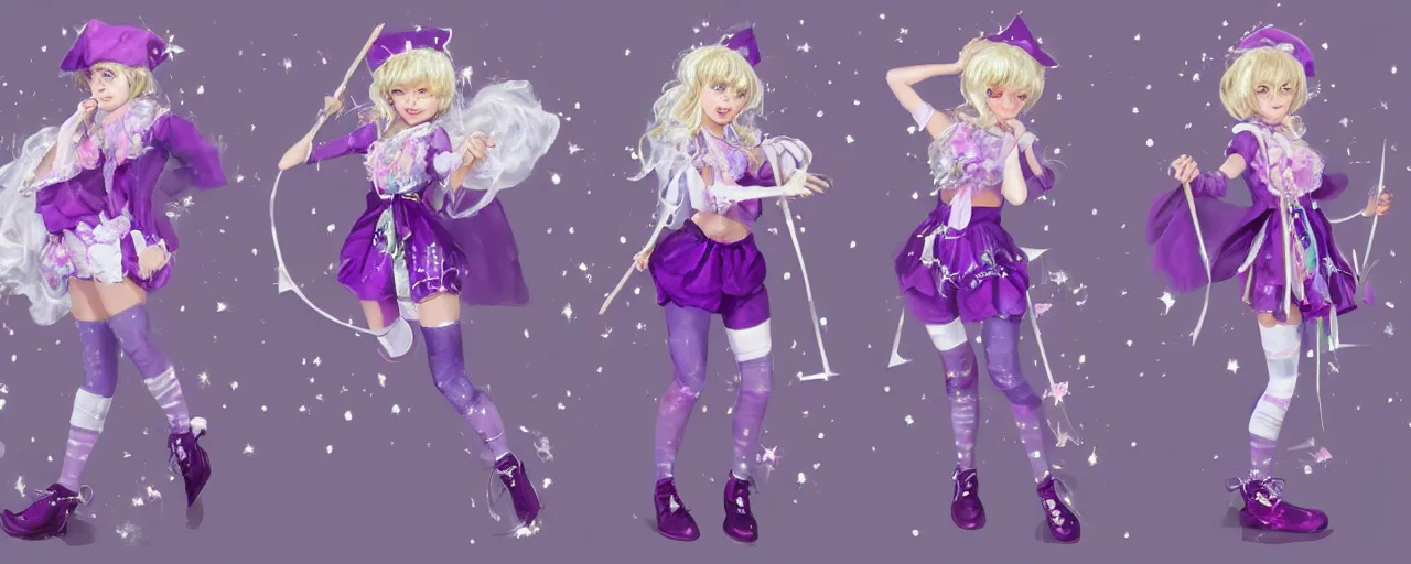 Image similar to A character sheet of a cute magical girl with short blond hair wearing an oversized purple Beret, Purple overall shorts, Short Puffy pants made of silk, pointy jester shoes, a big scarf, and white leggings. Rainbow accessories all over. Flowing fabric. Covered in stars. Short Hair. By Seb McKinnon. By WLOP. By Artgerm. By william-adolphe bouguereau. Fashion Photography. Decora Fashion. harajuku street fashion. Kawaii Design. Intricate. Highly Detailed. Digital Art. Fantasy painting. CGSociety. Sunlit. 4K. UHD. Denoise.