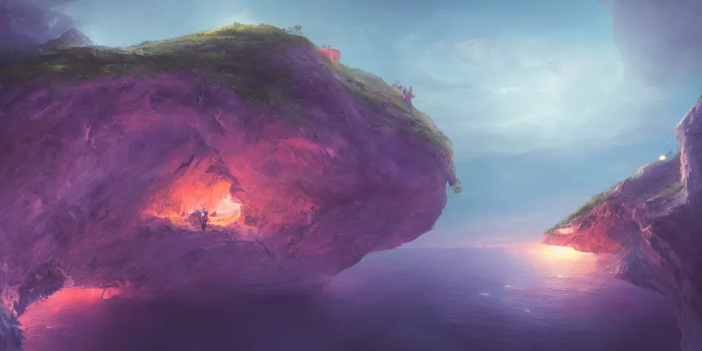 Prompt: a cavern on the edge of a cliff overlooking the ocean at night by Jessica Rossier, purple color scheme, trending on artstation