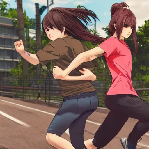 Image similar to anime style, gta 5, girl is running, happy face, red sport clothing, marathon race, brown short hair, hair down, symmetrical facial features, from arknights, hyper realistic, rule of thirds, extreme detail, 4 k drawing, safebooru, realistic lighting, by alphonse mucha, greg rutkowski, sharp focus, backlit