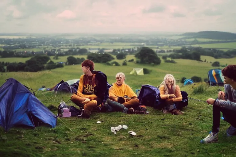 Prompt: candid photo of 3 teenagers camping at Glastonbury, UK, Kodak Portra 200,8K,highly detailed: beautiful perspective closeup environmental portrait photo in style of 2000s retrofuturism, cinema lighting , by beksinski, photography fashion edition, tilt shift, highly detailed, focus on man ;blonde hair;blue eyes, clear eyes, soft lighting