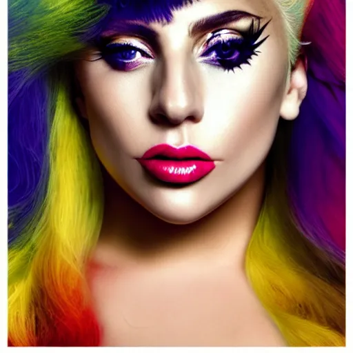 Image similar to Lady Gaga, Colored Hair, Aphrodite style, XF IQ4, 150MP, 50mm, f/1.4, ISO 200, 1/160s, natural light, Adobe Photoshop, Adobe Lightroom, DxO Photolab, Corel PaintShop Pro, rule of thirds, symmetrical balance, depth layering, polarizing filter, Sense of Depth, AI enhanced