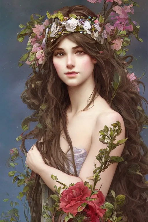 Image similar to beautiful maiden wearing a floral headband, intricate, elegant, highly detailed, digital painting, artstation, concept art, smooth, sharp focus, illustration, art by artgerm and greg rutkowski and alphonse mucha
