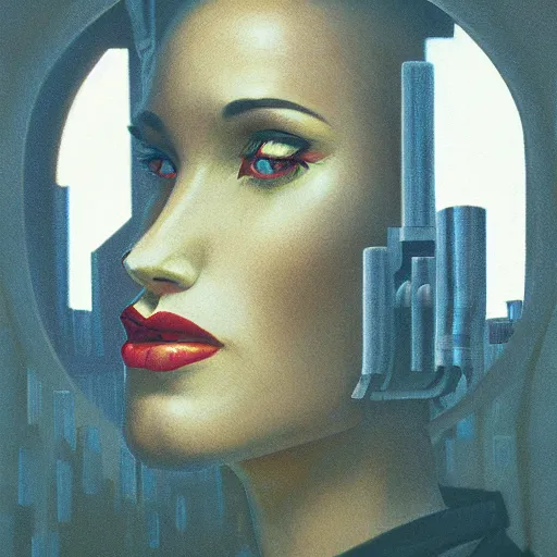 Image similar to detailed face of a woman, clockwork, moment, tectonic sky, skydome, bullet train, turbines, utopian, tech noir, wet reflections, prism, atmospheric, ambient, pj crook, syd mead, livia prima, emma uber, greg rutkowski, edward hopper