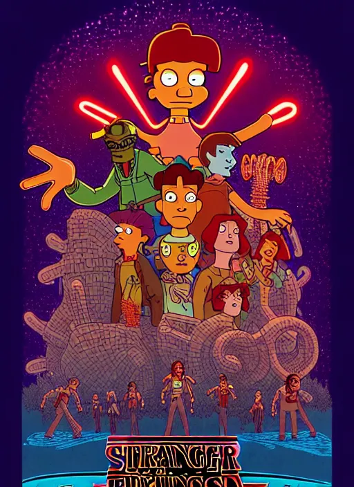 Prompt: animated version of Futurama Stranger Things scene with Demogorgon, cartoon, detailed faces, high resolution, hyper detailed, intricate, illustrated, dramatic lighting, illustration, concept art, smooth, sharp focus, art by Alphonse Mucha and Matt Groening !n-9