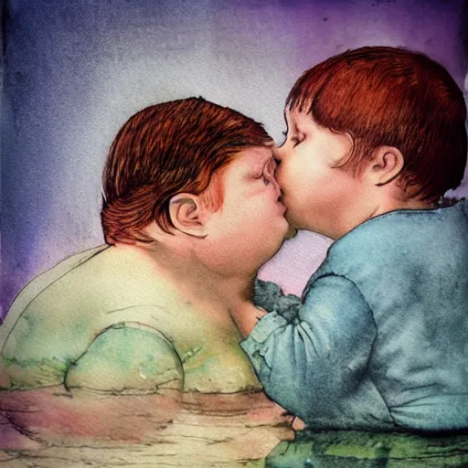 Prompt: the same style. the most beautiful little fat sweet girl is kissing a huge colorful cute fish. modern etching. colored print. hype realistic scene. old photography style. studio lighting. window. 3 d, octane render, deep focus, fashion style, white scene. very funny and sweet art. unreal engine. watercolor. fellini style. poster quality