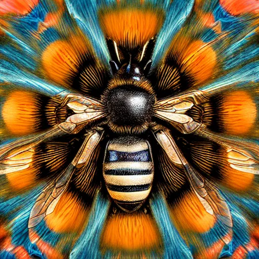 Prompt: an extreme close - up symmetrical portrait of a bee on a flower, photographic filter, unreal engine 5, realistic, hyperdetailed, 8 k, cinematic, volumetric lighting, very realistic effect, hd, hdr, 4 k, sharp focus, octane render, ultra detailed, high resolution, trending on artstation in the style of albert dros glowing rich colors powerful imagery
