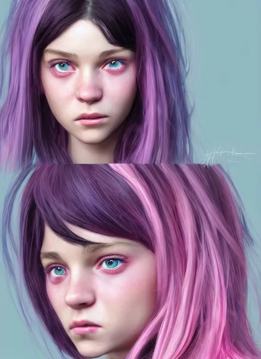 Prompt: highly detailed concept art for the main character in the award winning film named life is better in pink. the character is a unnaturally beautiful teenage girl with deep dark blue eyes, black eyebrows and long curled pink dyed hair, wearing light pink clothes. realistic cg render, anatomically correct, high key lighting, trending on art station, vibrant colors.