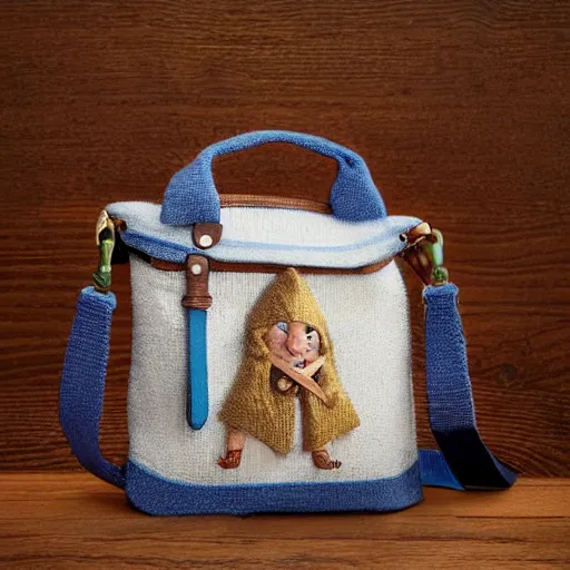 Image similar to hobbit wearing a white men's crossbody sling chest bag and blue sweater