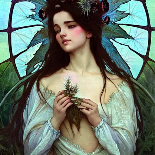 Image similar to a beautiful fairytale painting of a cute thistle seed fairy, a fairy made out of a thistle seed. the thistle seed is her body. dreamy beautiful painting by artgerm and greg rutkowski and alphonse mucha