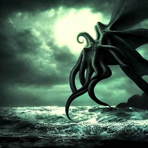 Image similar to Cthulhu, dark, sea, black background, storm