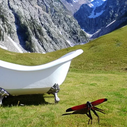 Image similar to dragonfly in a bathtub in the alps, goat!!!!! in background