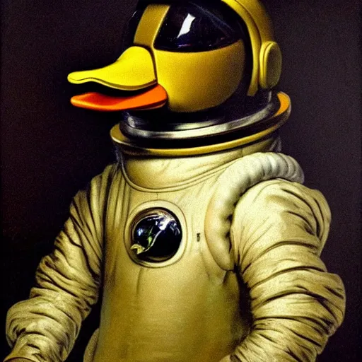 Prompt: duck astronaut, proudly posing for a portrait, heroic, painted by rembrandt and hr giger, intricate, detailed, atmospheric lighting.