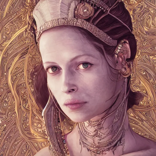 Image similar to the portrait of the cleopatra personified as charlotte de witte, absurdly beautiful, graceful, elegant, sophisticated, young woman, an ultrafine hyperdetailed illustration by kim jung gi, irakli nadar, intricate linework, bright colors, octopath traveler, final fantasy, unreal engine 5 highly rendered, global illumination, radiant light, detailed and intricate environment