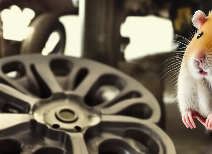 Image similar to film still of a hamster working as a mechanic in an auto shop, 8 k