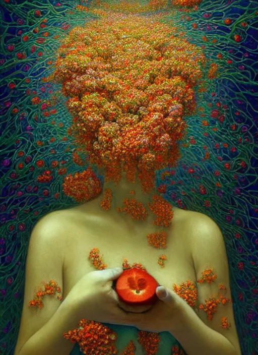 Image similar to hyper detailed 3d render like a Oil painting - Aurora (Singer) Eats of the Strangling Fruit and Her Hands full of gossamer polyp blossoms bring iridescent fungal flowers whose spores black the foolish stars by Jacek Yerka, Mariusz Lewandowski, Houdini algorithmic generative render, Abstract brush strokes, Masterpiece, Edward Hopper and James Gilleard, Zdzislaw Beksinski, Mark Ryden, Wolfgang Lettl, hints of Yayoi Kasuma, octane render, 8k