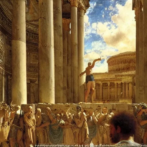 Prompt: ancient roman painting of the interior of the pantheon with a heroic warrior reaching towards the sky, sir lawrence alma - tadema