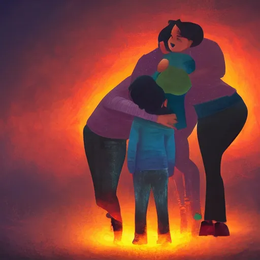 Image similar to a family hugging each other for the last time as the world is ending, meteors are falling from the sky, everything is on fire, dramatic lighting, digital art, very very very very very very beautiful, 8 k, dark lighting, trending on artstation, award winning