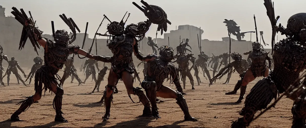 Prompt: District 9 fighting Gladiators, high detail, 8k, ornate, masterpiece, complex, haze, film still from the movie directed by Denis Villeneuve with art direction by Pablo Picasso and Greg rutkowski, Alex Gray, wide angle