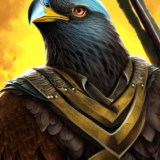 Prompt: Black Dark Aarakocra Eagle Warlord, Yellow Beak, epic armor,wielding longsword, epic character portrait, dnd commission,epic rpg artwork,4K, 8K, very detailed, trending on artstation