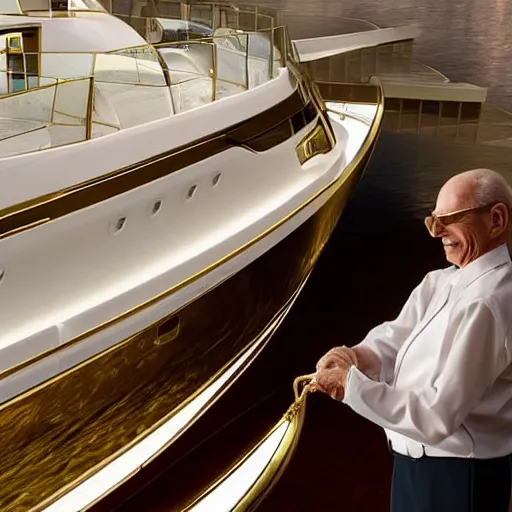 Image similar to wrinkled hunchbacked old butler polishing the side of a gold plated mega yacht