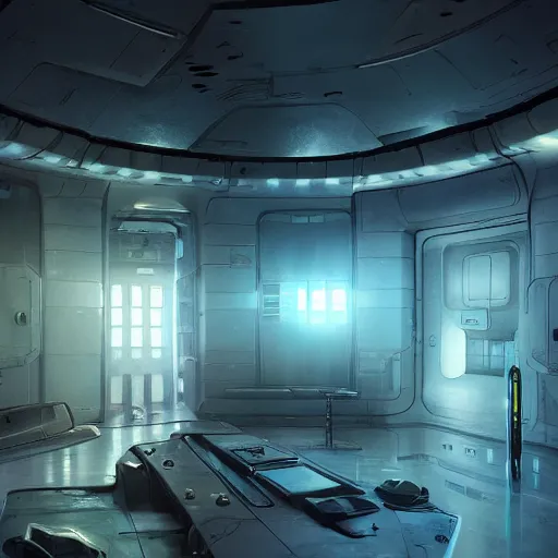 Prompt: sci fi art a prison cell in a spaceship by greg rutkowski ultrahd unrealengine volumetric lightning