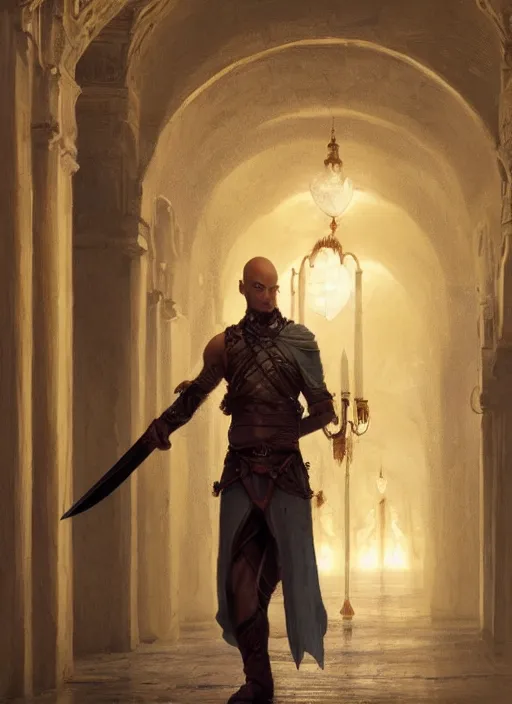 Prompt: a young man with wide, intense eyes, standing in the hallway of a palace. he is bald and clean shaven, dressed entirely in white and holding a huge sword. the hallway is lit by glowing gemstones in lanterns. painting by greg rutkowski and raymond swanland