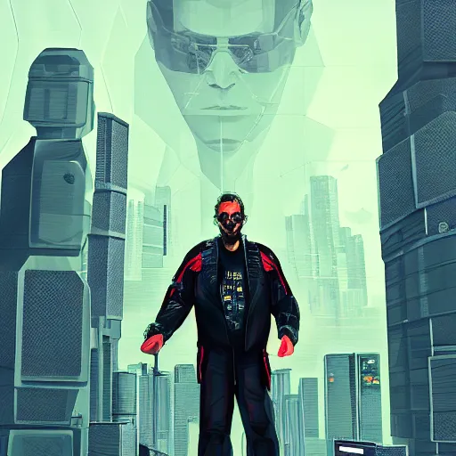 Prompt: cyberpunk jonas altberg as the leader of a futuristic communist nation, cybernetics, sharp lines, digital, artstation, colored in