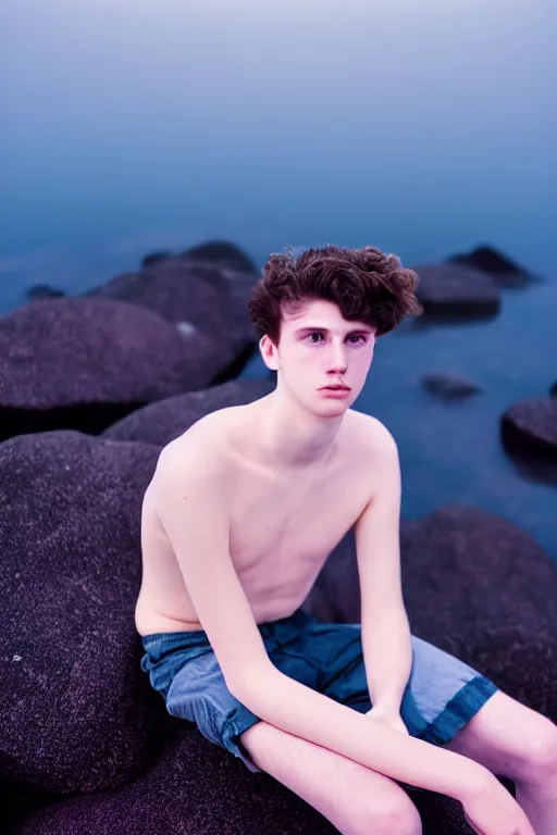 Prompt: high quality pastel coloured film mid angle docu photograph of a beautiful young 2 0 year old male, soft features, short black hair, maximalist clothing, in icelandic black rock pool environment. atmospheric. three point light. photographic. art directed. ( pastel colours ). volumetric light. clearcoat. waves glitch. 8 k. filmic.