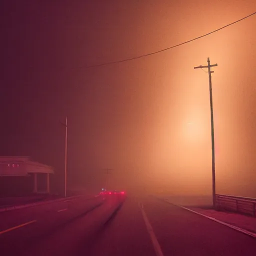 Image similar to A stunningly beautiful award-winning 8K high angle cinematic movie photograph across a spooky foggy empty lightless moonlit main intersection in an abandoned 1950s small town at night. perfect composition, shot from roofline, moody low key backlit. Color palette from Seven, greens yellows and reds. 2 point perspective. Octane render