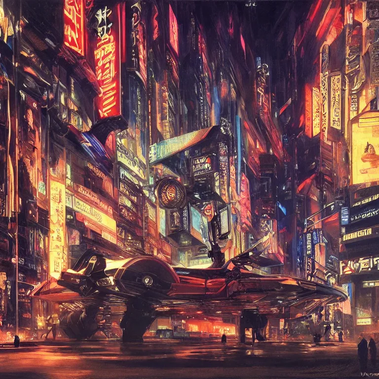 Prompt: night life with people dressed in futuristic clothes, cyberpunk designs, futuristic vehicles, automations, and faint glows of vivid color, cinematic, highly detailed, intricate, hd quality, realism, from blade runner concept art, renaissance painting, by noriyoshi ohrai and edward hopper