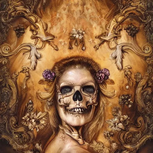 Image similar to a beautiful detailed front view baroque portrait of a rotten woman corpse becoming almost a skull with fractal plants and fractal flowers and mushrooms growing around, intricate, ornate, volumetric light, beautiful lit, polaroid photography