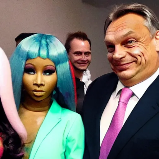 Image similar to viktor orban happy to pose for a photo with nicki minaj, highly detailed, hyper realistic