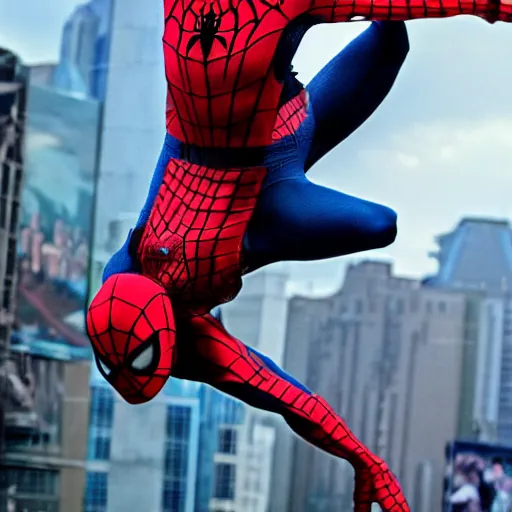 Image similar to michael jackson as spiderman flying through the city, bright
