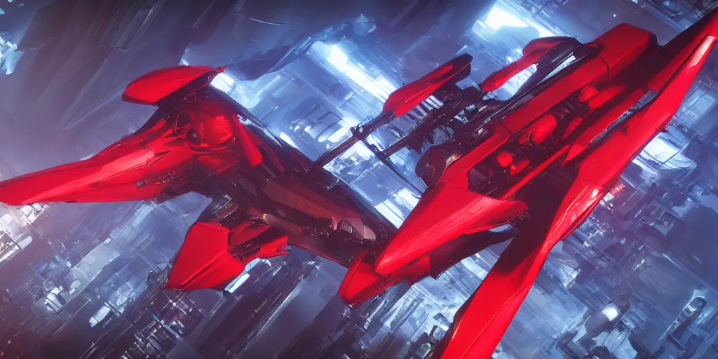 Image similar to cyberpunk concept inspired jet, futuristic look, highly detailed body, aerodynamic body, photorealistic camera shot, bright studio setting, studio lighting, crisp quality and light reflections, unreal engine 5 quality render, red and black tones