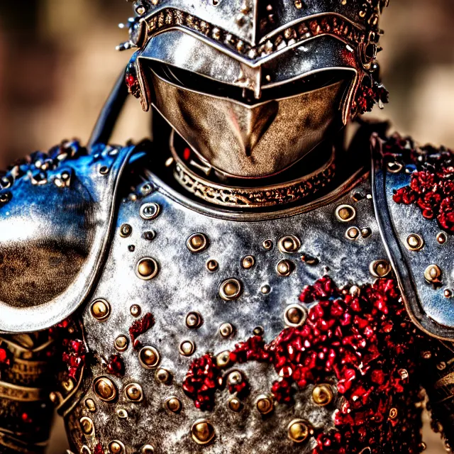 Image similar to photo of a warrior with ruby encrusted armour highly detailed 8 k hdr smooth sharp focus high resolution award - winning photo dslr 5 0 mm