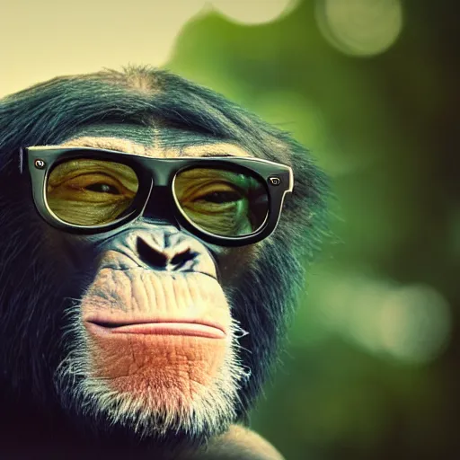 Prompt: high quality 8 k movie still of a smiling and arrogantly mad looking chimpanzee wearing very cool dark sunglasses, highly detailed, cinematic composition, 1 9 8 0 s retro hippie vintage hipster art, profile photography