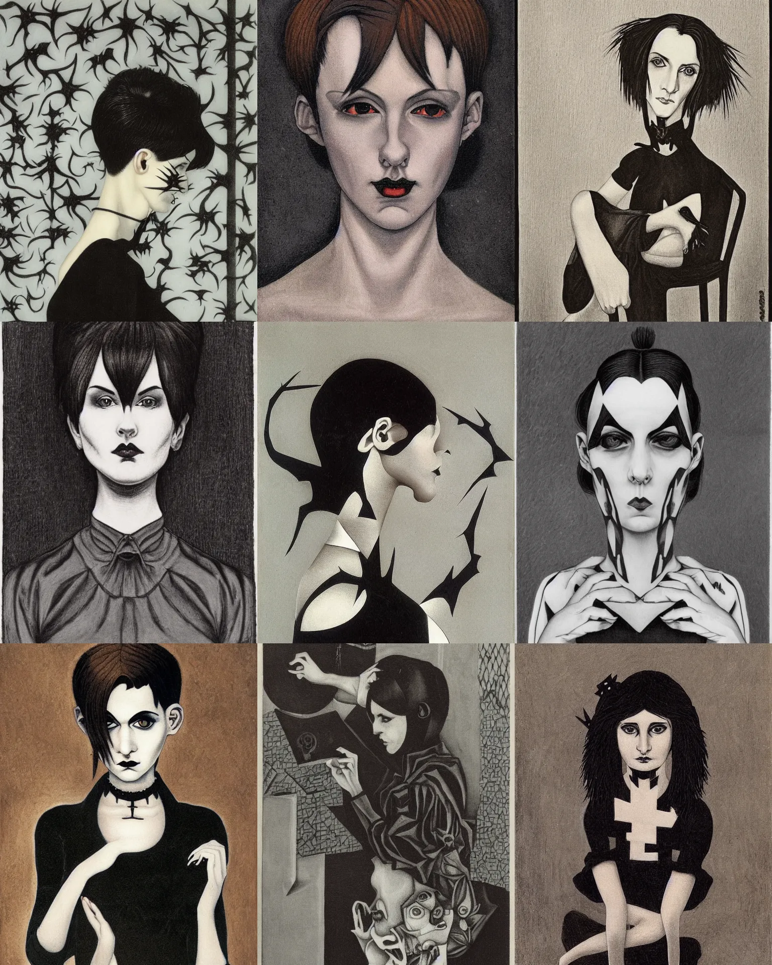 Prompt: A goth portrait by M.C. Escher. Her hair is dark brown and cut into a short, messy pixie cut. She has a slightly rounded face, with a pointed chin, large entirely-black eyes, and a small nose. She is wearing a black tank top, a black leather jacket, a black knee-length skirt, a black choker, and black leather boots.