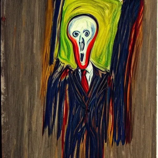 Image similar to a three piece suit inspired by edvard munch's the scream. a three piece suit in the style of the scream. studio lighting