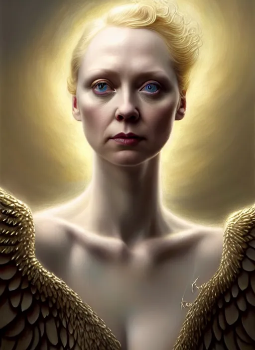 Image similar to gwendoline christie as an angel, aesthetic, fine art, intricate, elegant, highly detailed, realistic hair, centered, digital painting, art station, conceptual art, soft, sharp focus, illustration, artwork, artgerm, tomasz alen kopera, peter mohrbacher, donato giancola, wlop, boris vallejo